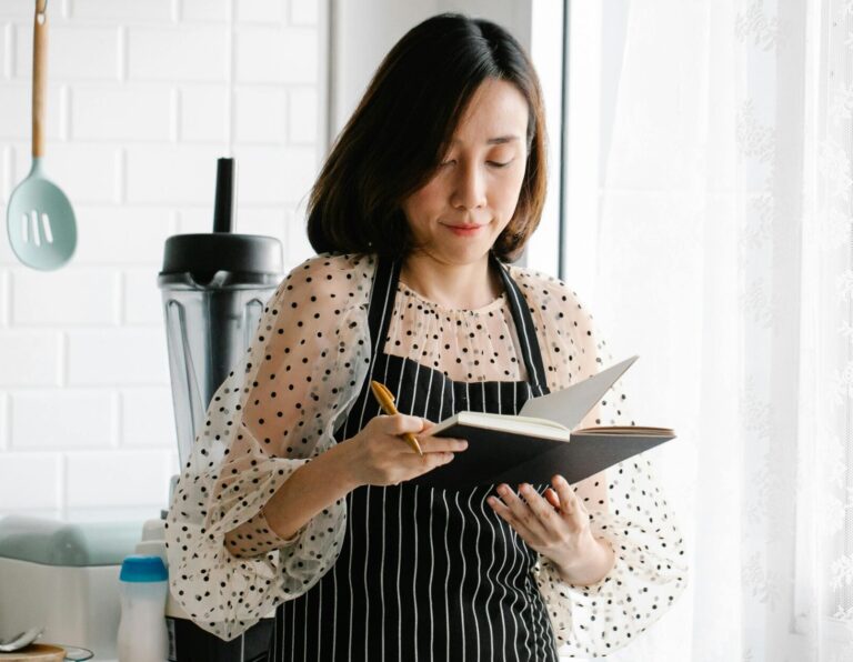 Beginner cook reading recipe