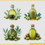 drawing of eight smal glass bottles of olive oil surrounded by fresh herbs with a little yellow border with suns in the corner.
