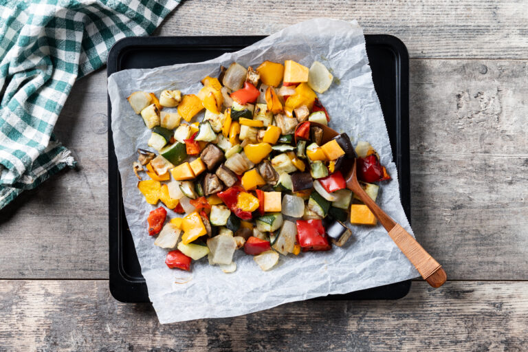 Roasted vegetables on a baking tray