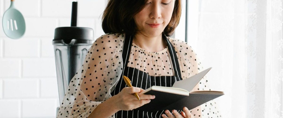 Beginner cook reading recipe